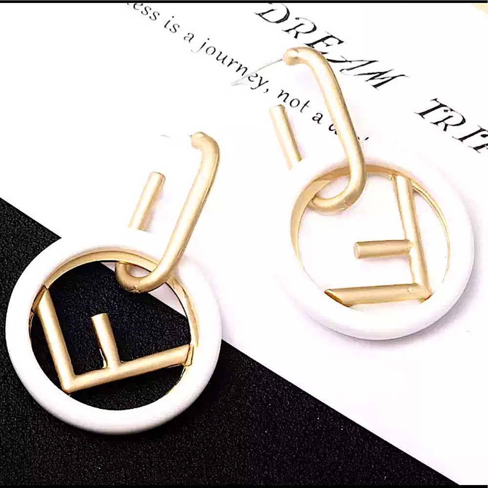 F Luxury Earrings Hoops Brushed Gold White Fashion Design NEW